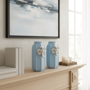 Floral Embossed Blue Vase