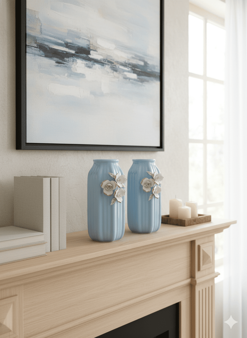 Floral Embossed Blue Vase
