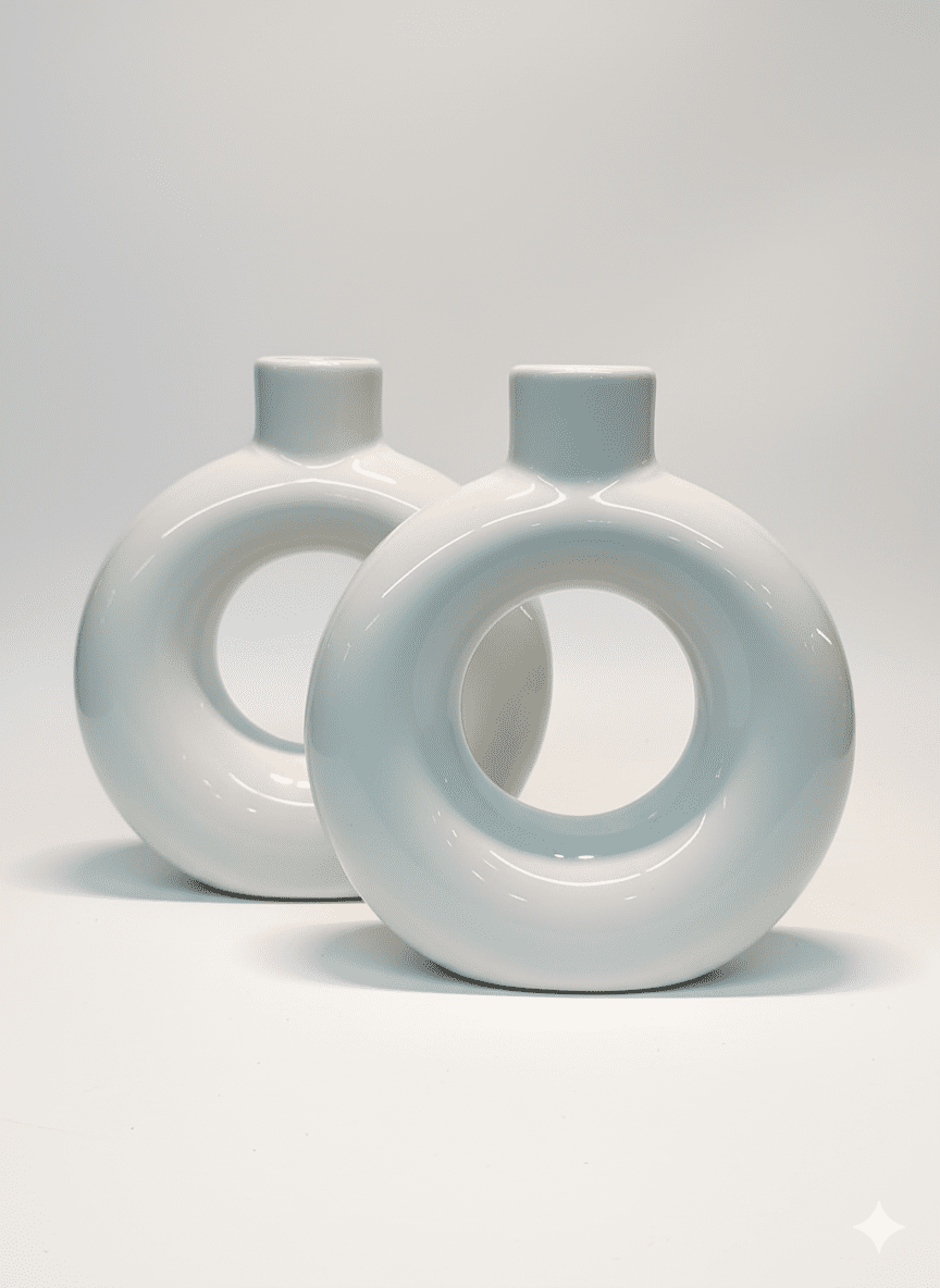 Minimalist Donut-Shaped Ceramic Vase – White (Set of 2) - Image 2