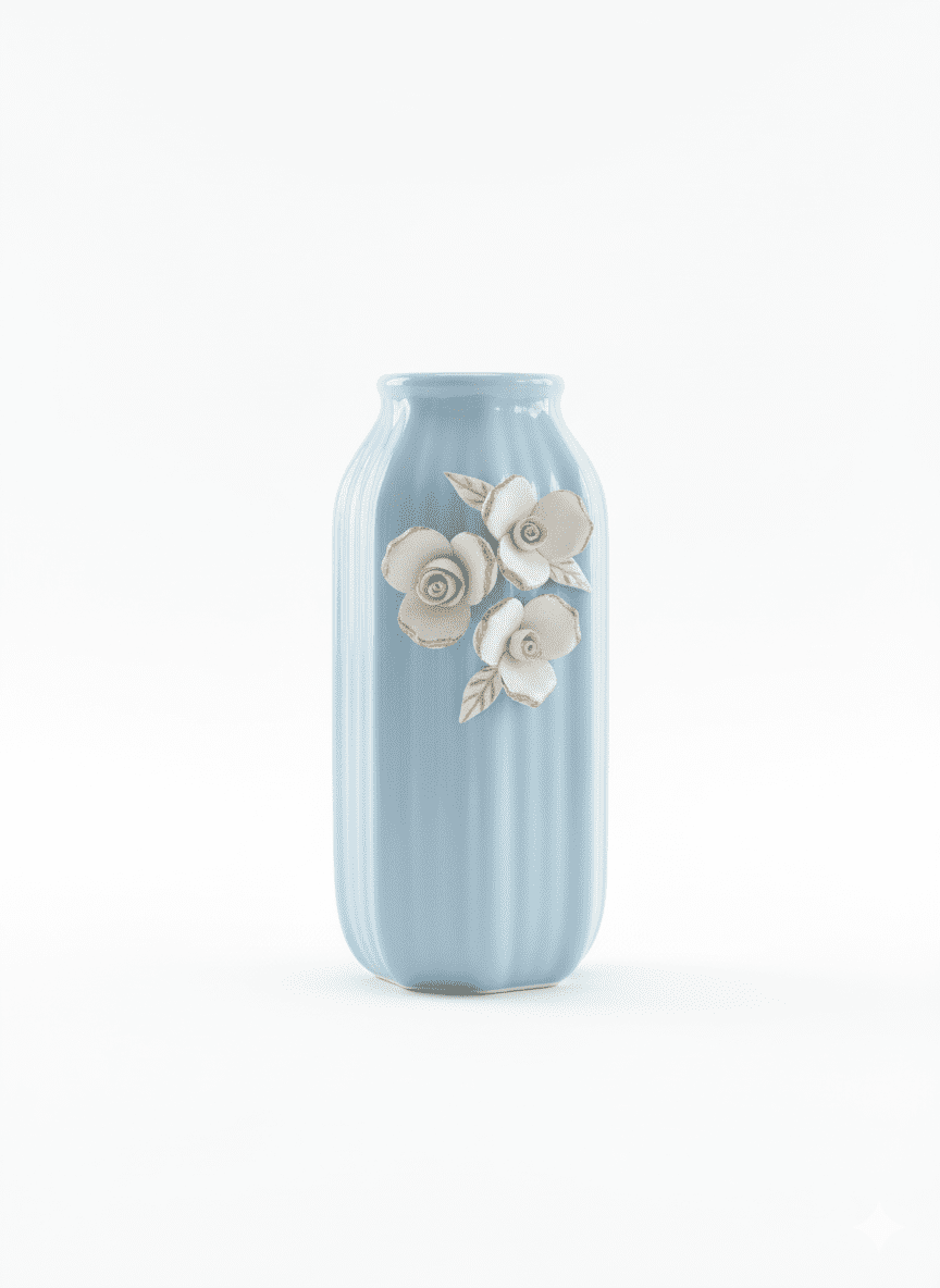 Floral Embossed Blue Vase - Image 2