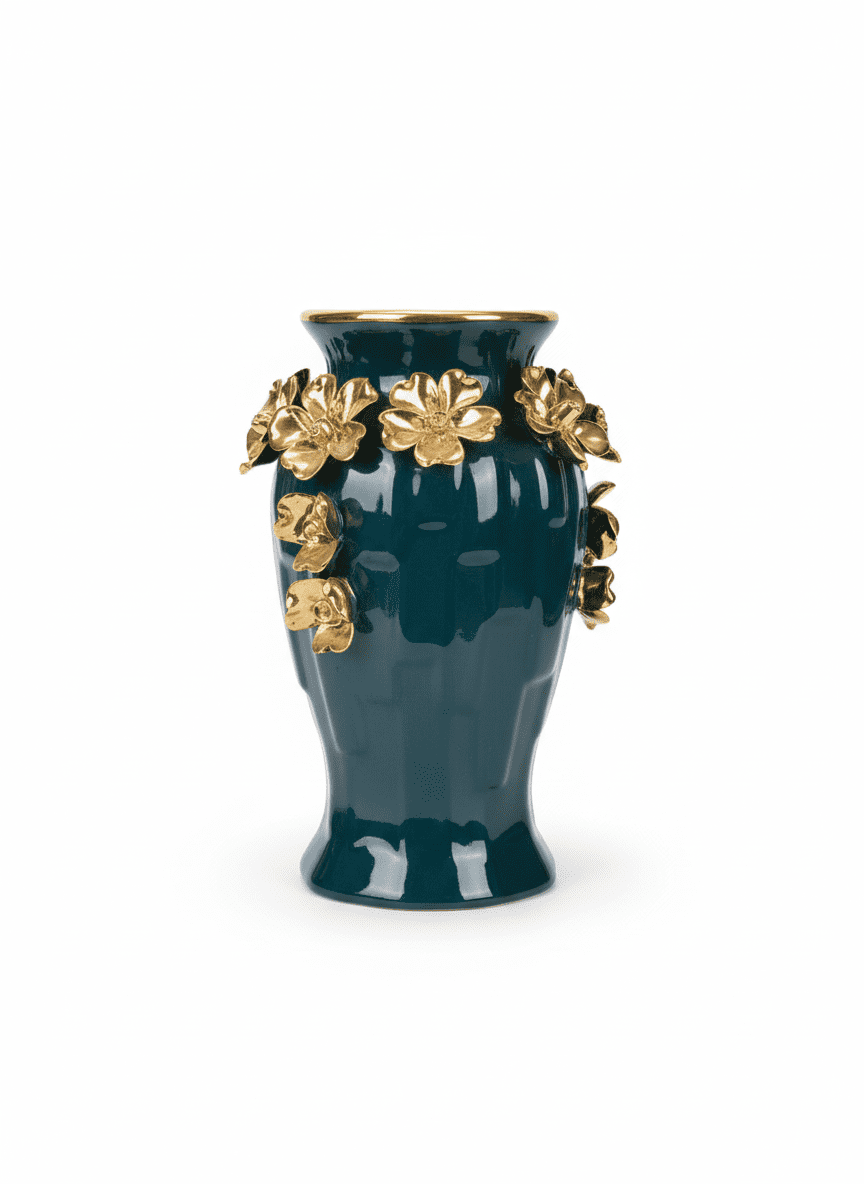 Emerald Green Vase with Golden Flowers - Image 2
