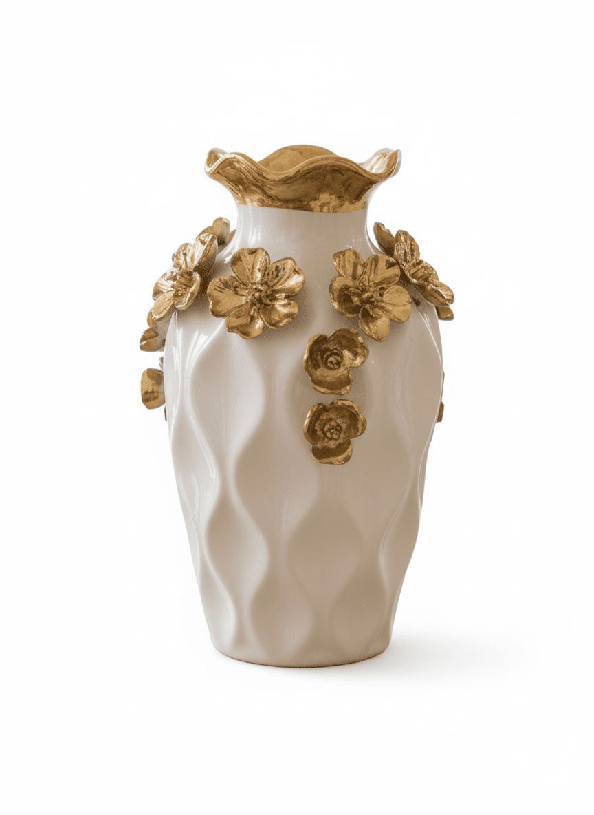 Ivory Wavy Vase with Golden Flowers - Image 2