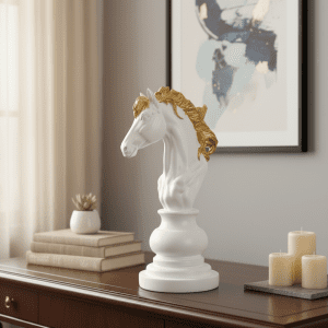 White & Gold Chess Knight Sculpture