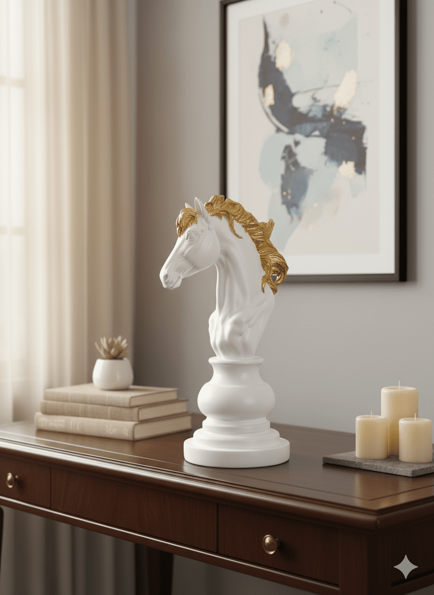 White & Gold Chess Knight Sculpture